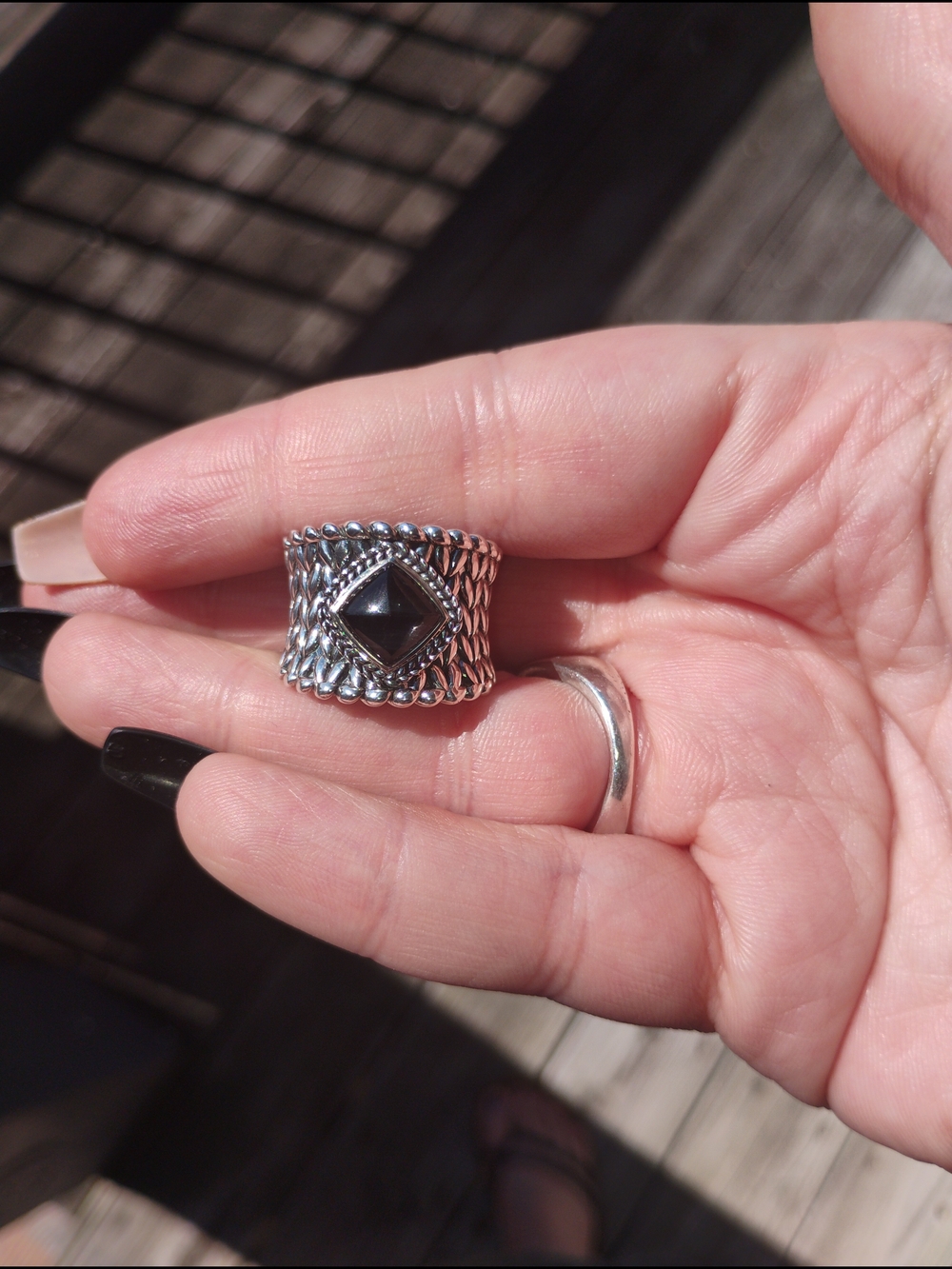 John Hardy 925 JAI Silver Ring With Black Stone Size 7